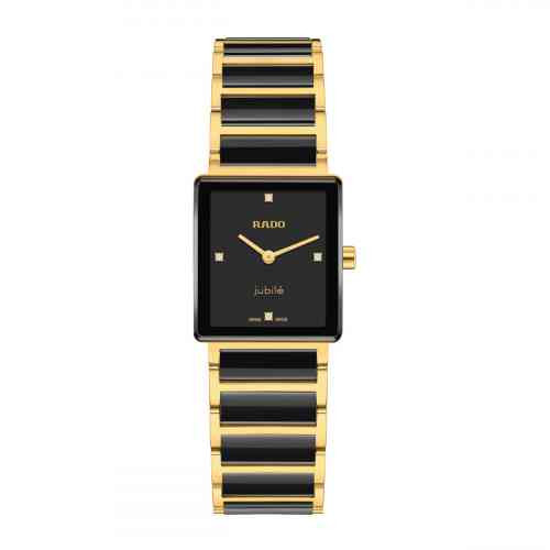 不動 RADO クォーツ ストーンベゼル ゴールド 黒文字盤 レディース腕時計 Rado Integral Diamonds Gold and Black Ceramic Band | New York