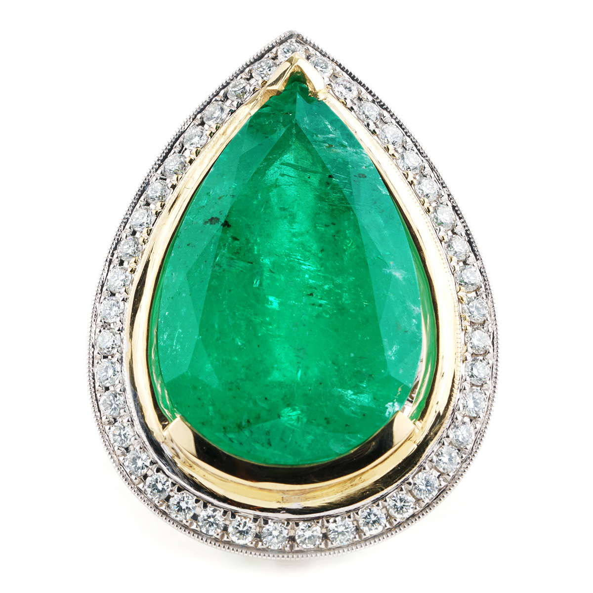 16.34 CT Pear Shaped Emerald and Diamond Halo Ring in White Gold