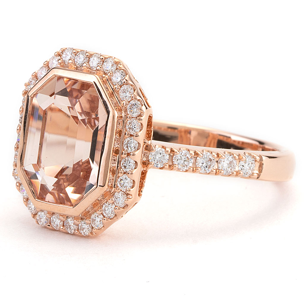 2.19 CT Emerald Cut Morganite Ring with Diamond Halo in Rose Gold | New
