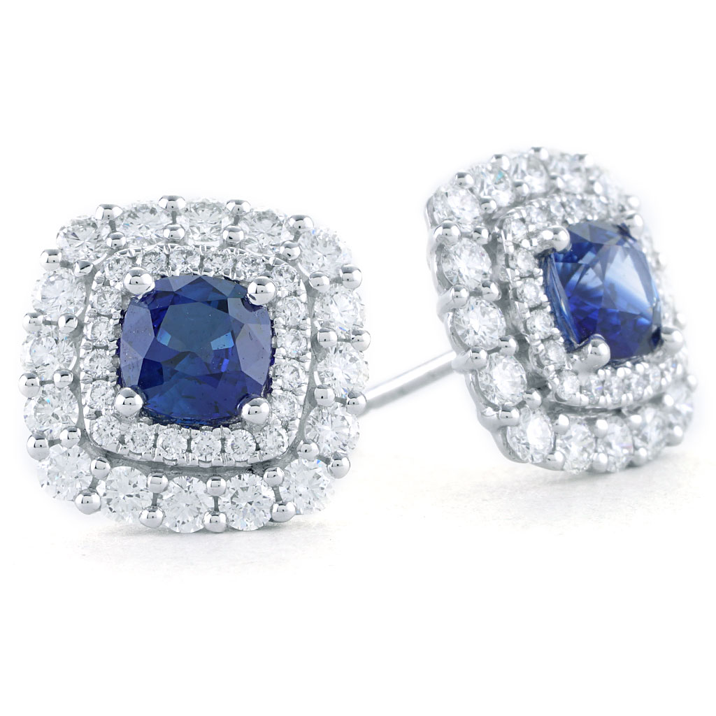Sapphire and Double Diamond Halo 13mm Stud Earring in White Gold | New ...