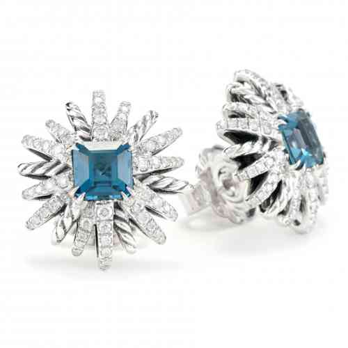 Vintage David Yurman 017 CTW Diamond  Blue Topaz Dangle Earrings