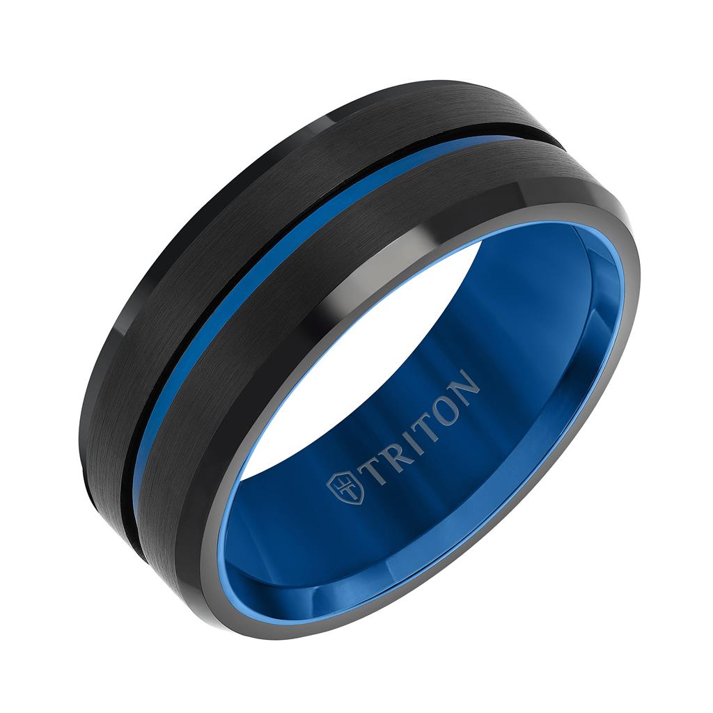 Tungsten Black and Blue Drop Edge Wedding Band