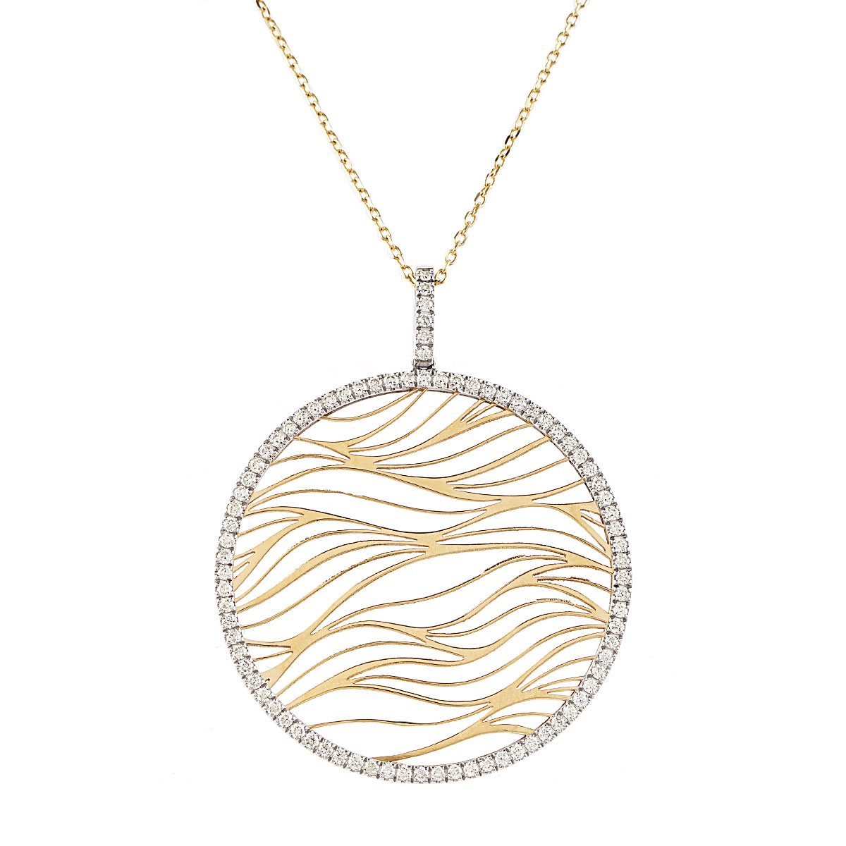 14K Yellow Gold Laser Cut Circle Pendant with Rhodium Accents