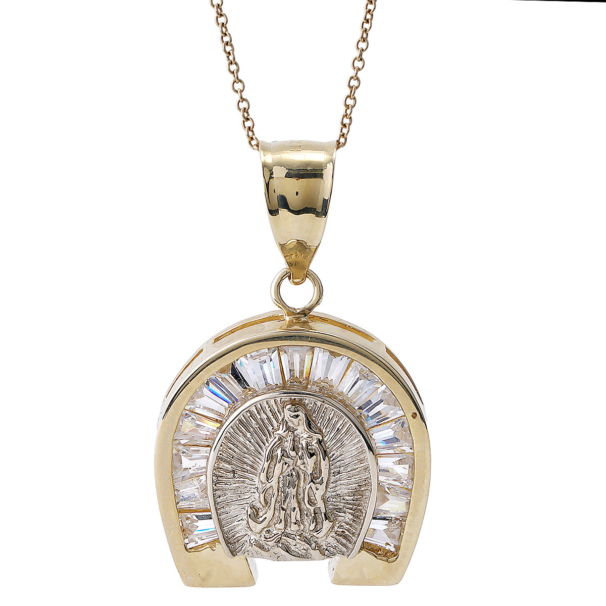 Virgin Mary Cubic Zirconia Horseshoe Pendant Necklace in Yellow