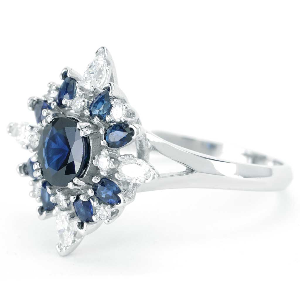Sapphire and Diamond Flower Shaped Ring with Round Sapphire Center in ...