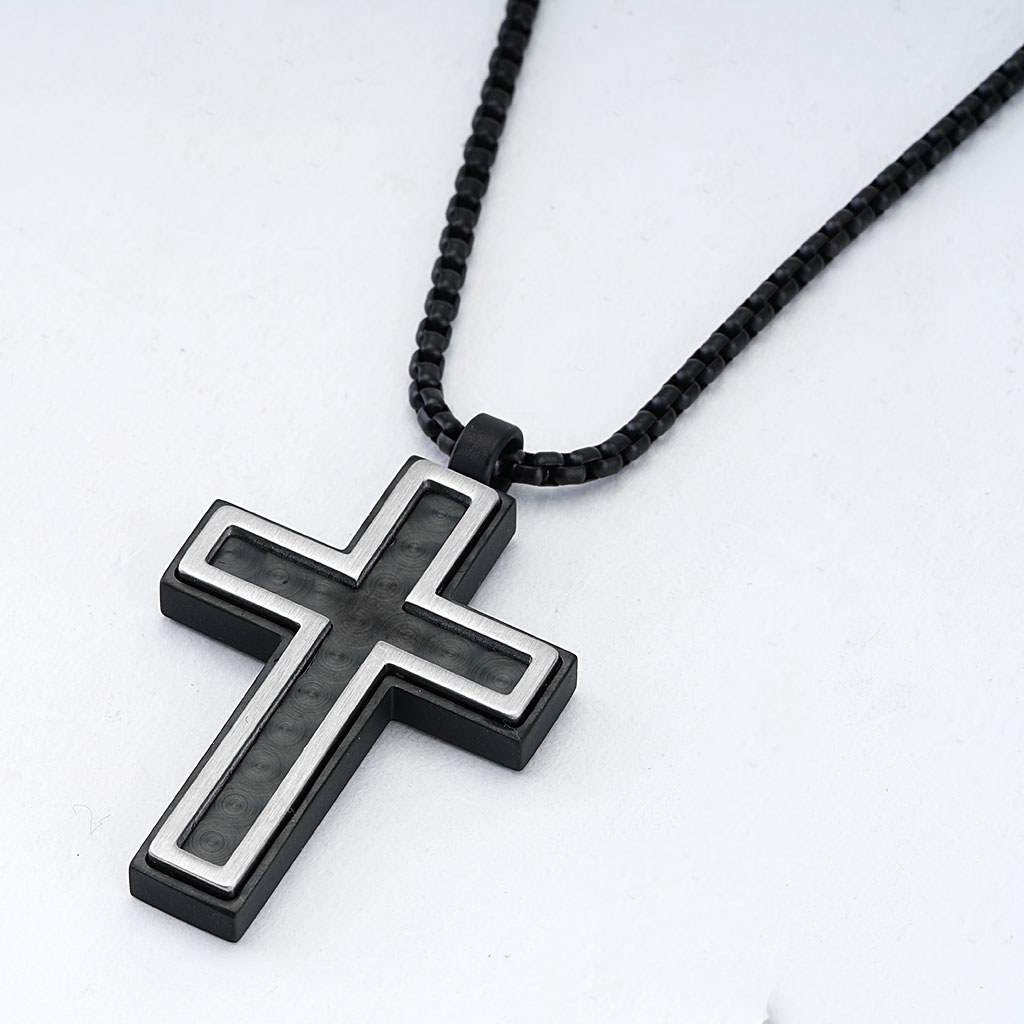 Stainless Steel Black Carbon Fiber Cross Pendant on Chain | New