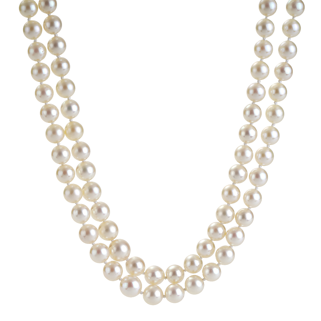Double Strand Pearl Necklace Graduated 7.5 to 10 MM in White Gold