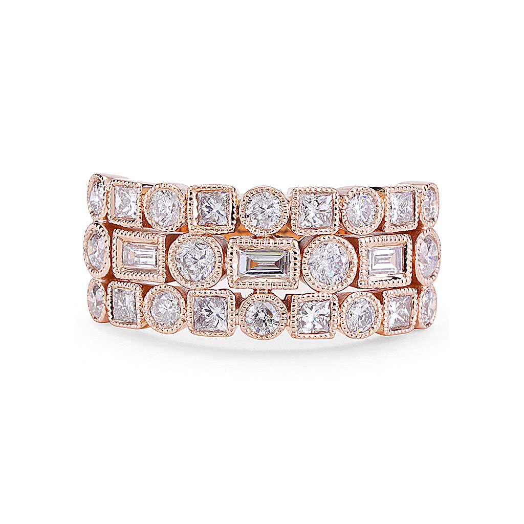 Three Row Multi-shape Diamond Band in Rose Gold | New York Jewelers Chicago