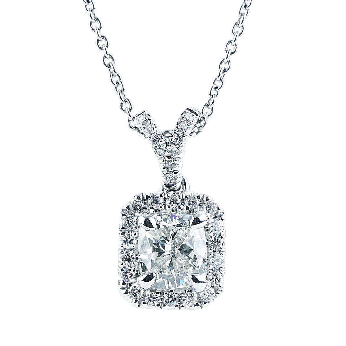 0.71 CTTW Cushion Center Diamond Halo Pendant in White Gold