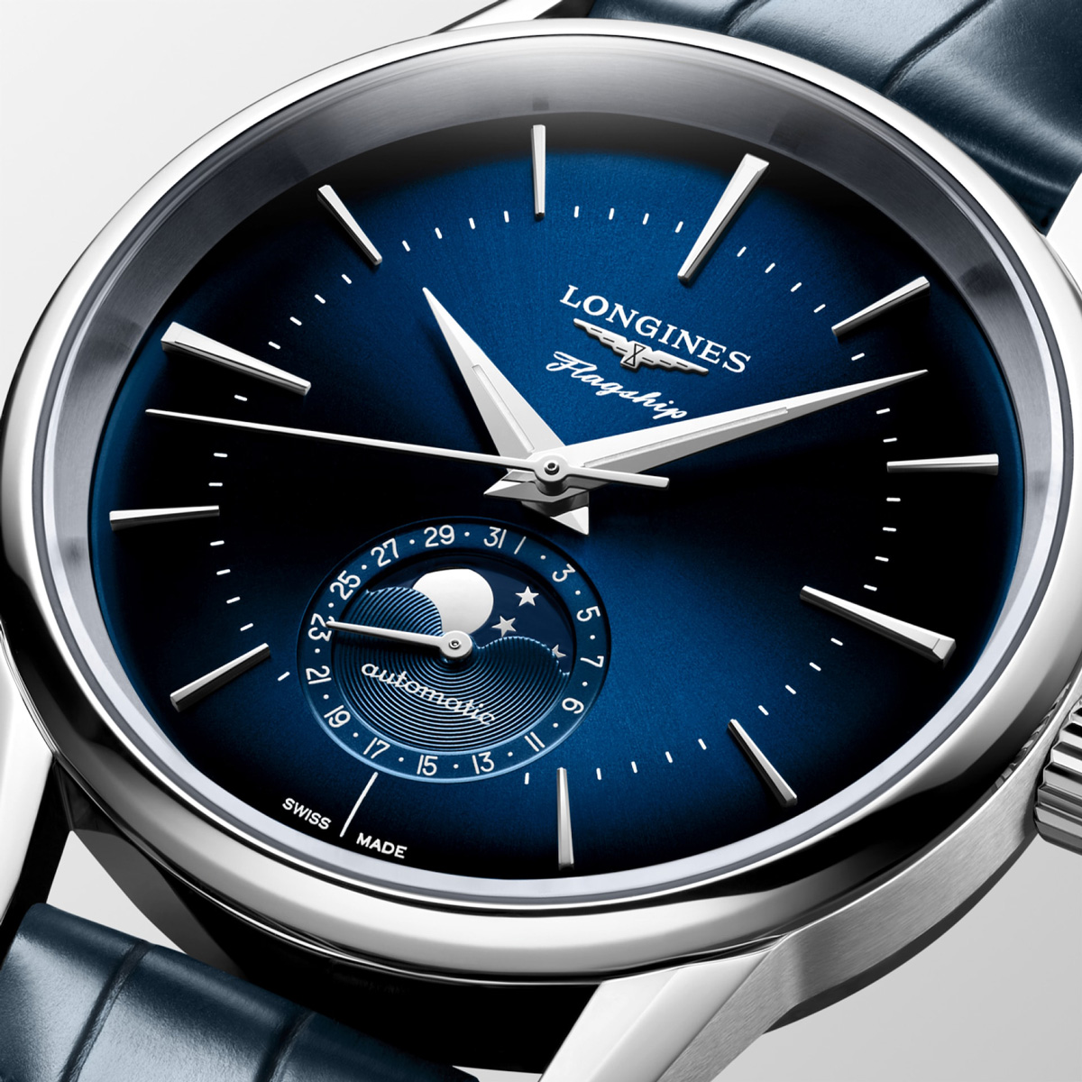 Longines Flagship Heritage Moonphase Blue Dial Blue Leather Strap 