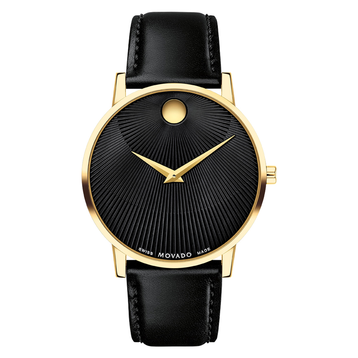 Movado Museum Classic Black Burst Dial Gold Case Black Leather Band New York Jewelers Chicago