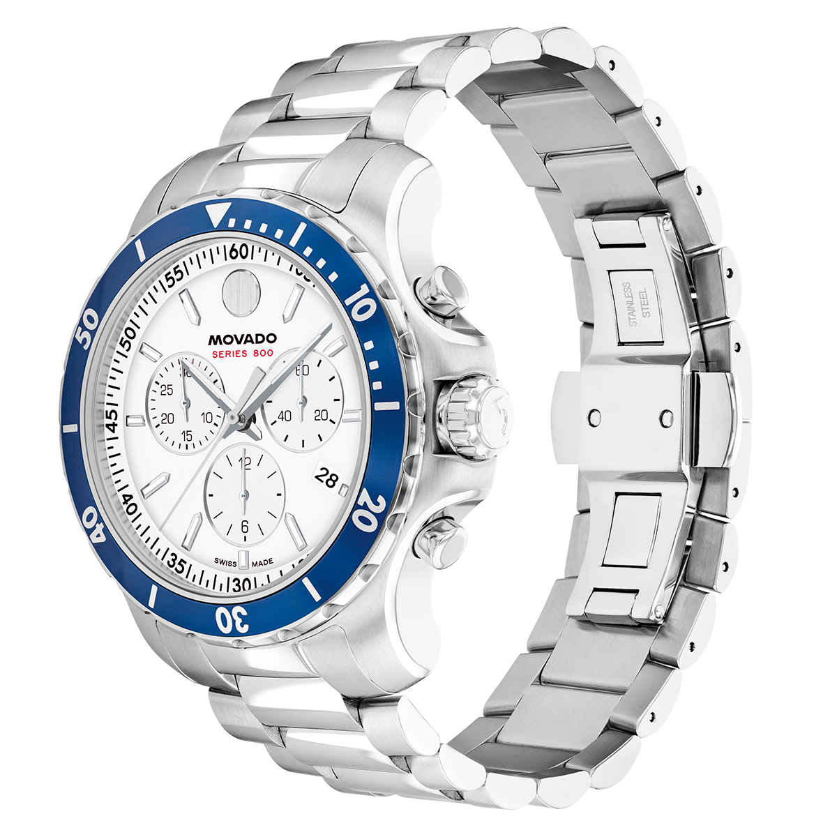 Movado Series 800 Chronograph White Dial Blue Bezel Steel Band