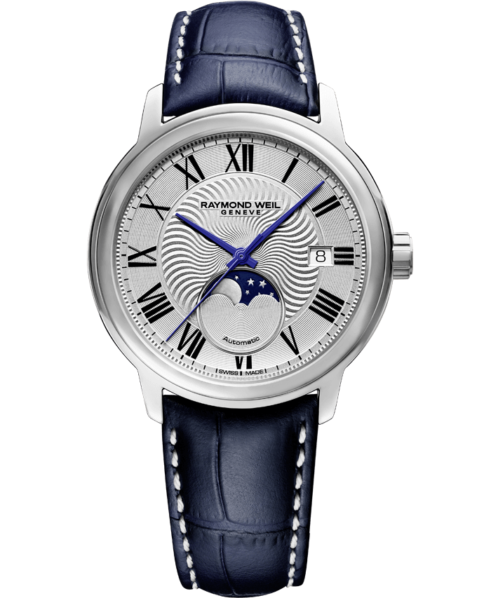 Raymond Weil Maestro Moon Phase 39.5mm Silver Dial on Blue Leather ...