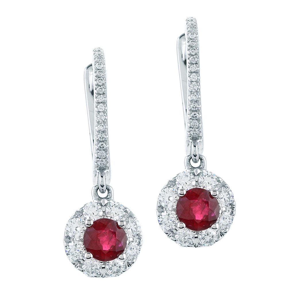 Round .34 CT Ruby Center Diamond Halo Drop Earrings in White Gold | New ...