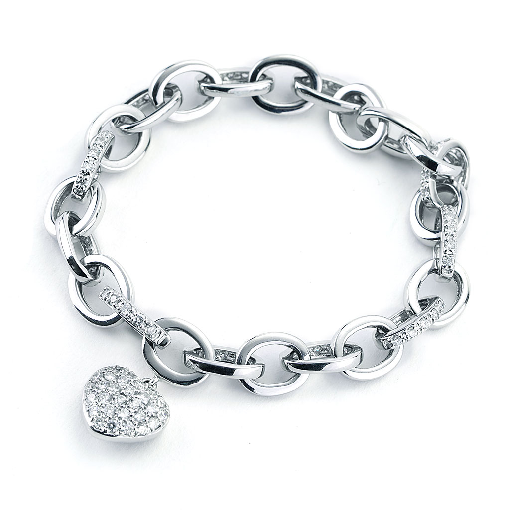 Diamond Heart Chain Link Bracelet in White Gold | New York Jewelers Chicago
