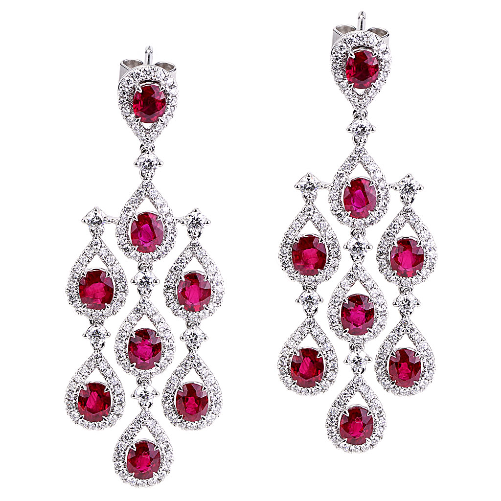 Chandelier Style Ruby and Diamond Earrings in White Gold | New York ...