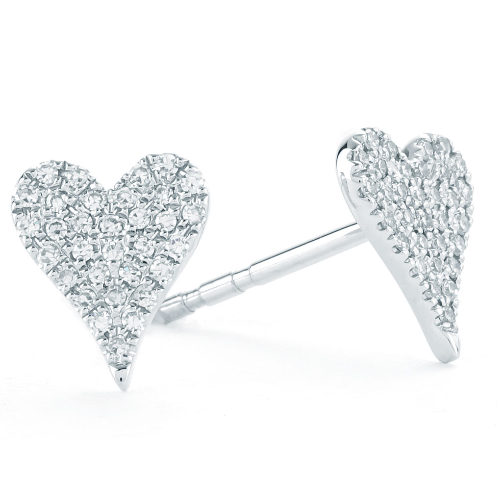 Pave Diamond Heart Stud Earrings in White Gold