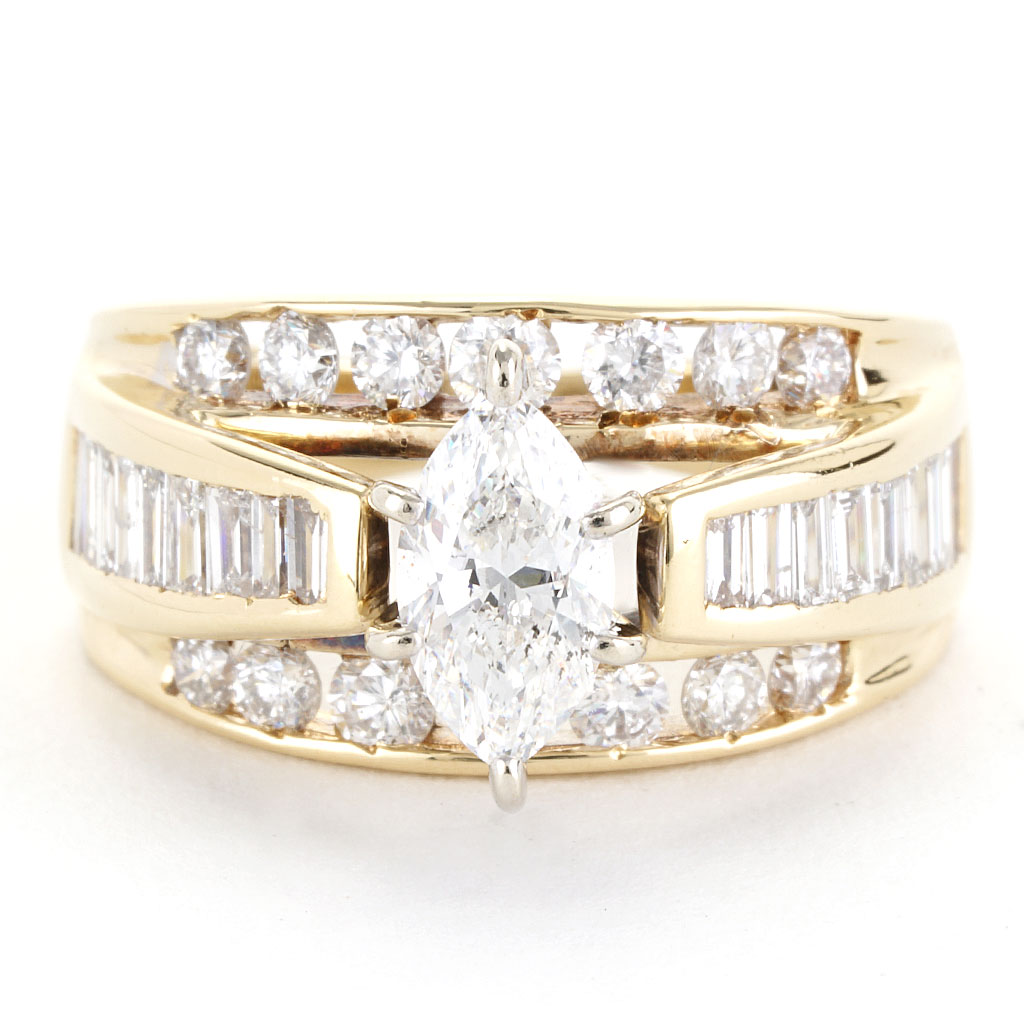 Three Row Style Marquise Center Engagement Ring in Yellow Gold | New ...