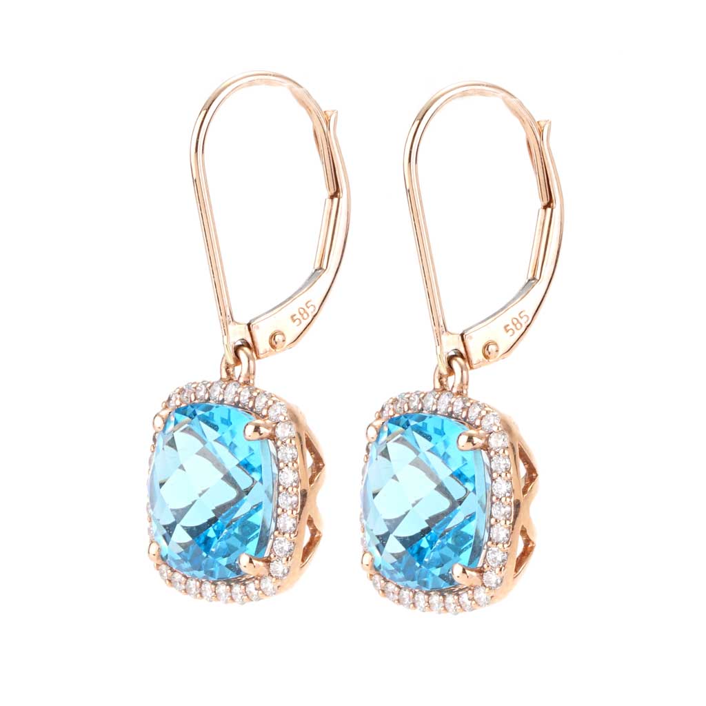 Cushion Cut Blue Topaz Lever Back Earrings with Diamond Halo in Rose ...