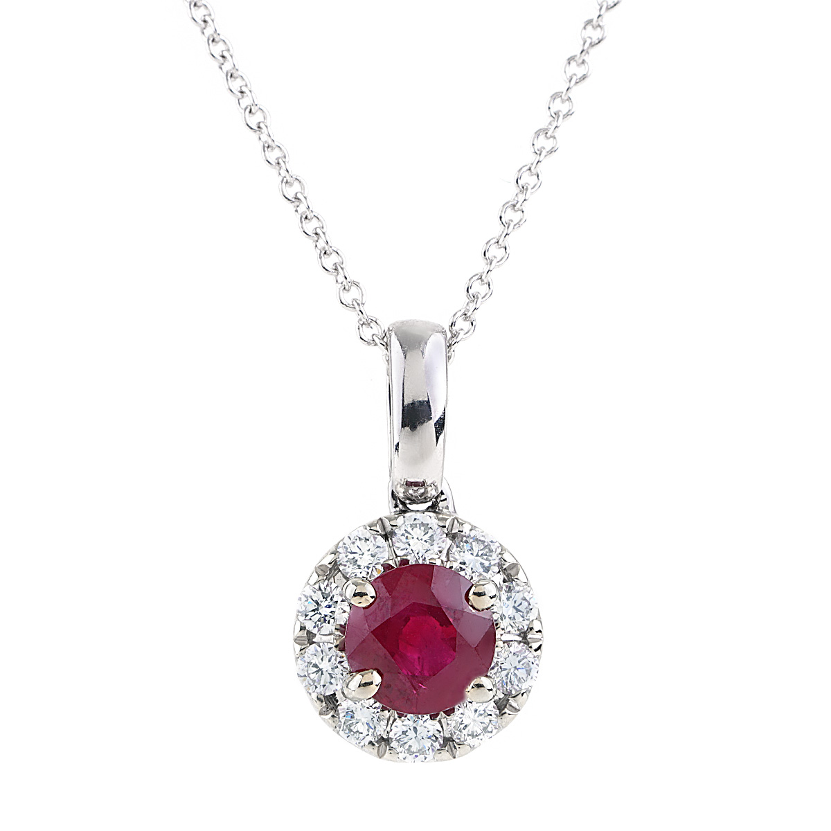 1.08 Cttw Round Ruby and Diamond Halo Pendant Necklace in White Gold