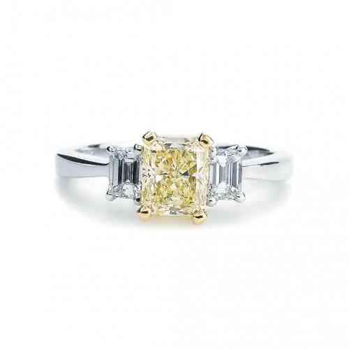 Three Stone Fancy Light Yellow Radiant Center and Emerald Sides Engagement  Ring