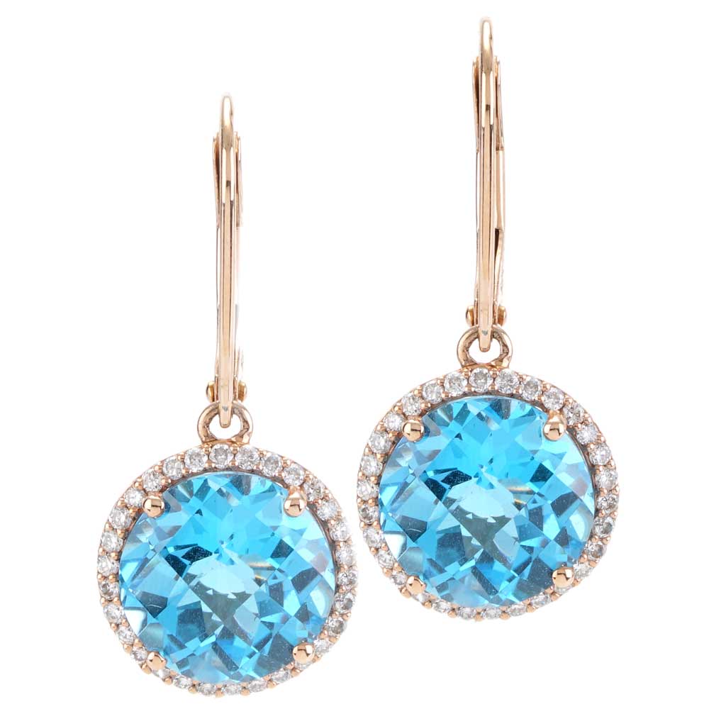 Round Blue Topaz Lever Back Earring with Diamond Halo in Rose Gold ...