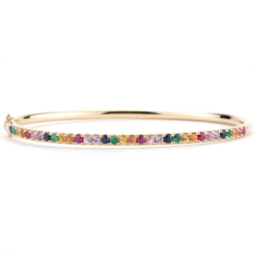 Rainbow Gemstone Straight Line Bangle Bracelet in Yellow Gold | New ...
