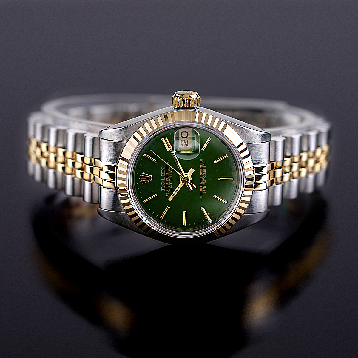 ROLEX LADY DATEJUST 18KY GOLD & STEEL GREEN DIAMOND DIAL FLUTED 26MM WATCH