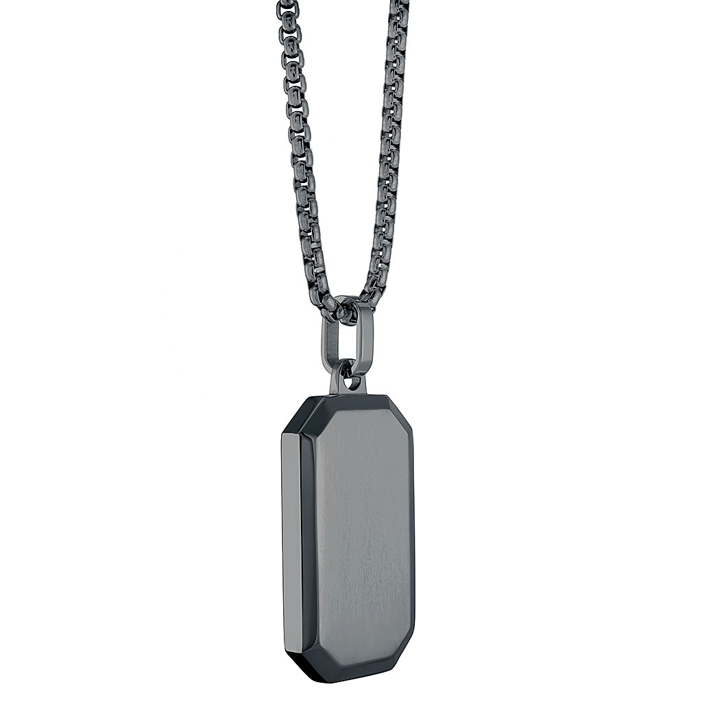 Stainless Steel Black Carbon Fiber Wood Inlay Reversible Dog Tag 22 inch Ball Chain Necklace