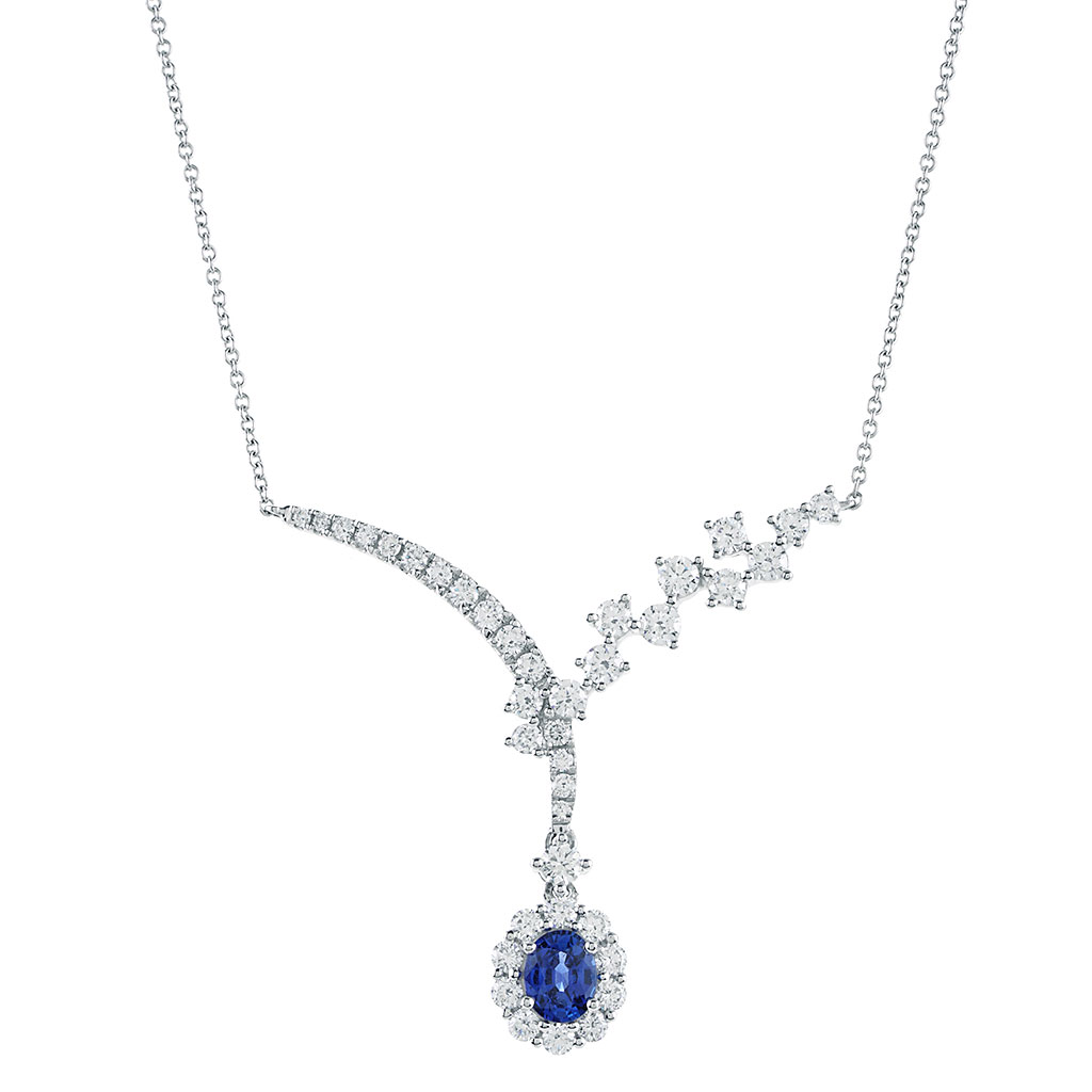 Chevron Design Sapphire Drop and Diamond Necklace in White Gold | New ...