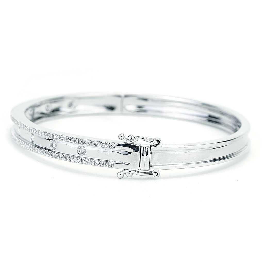 Three Row Drill Set and Prong Set Hinged Diamond Bangle in White Gold ...