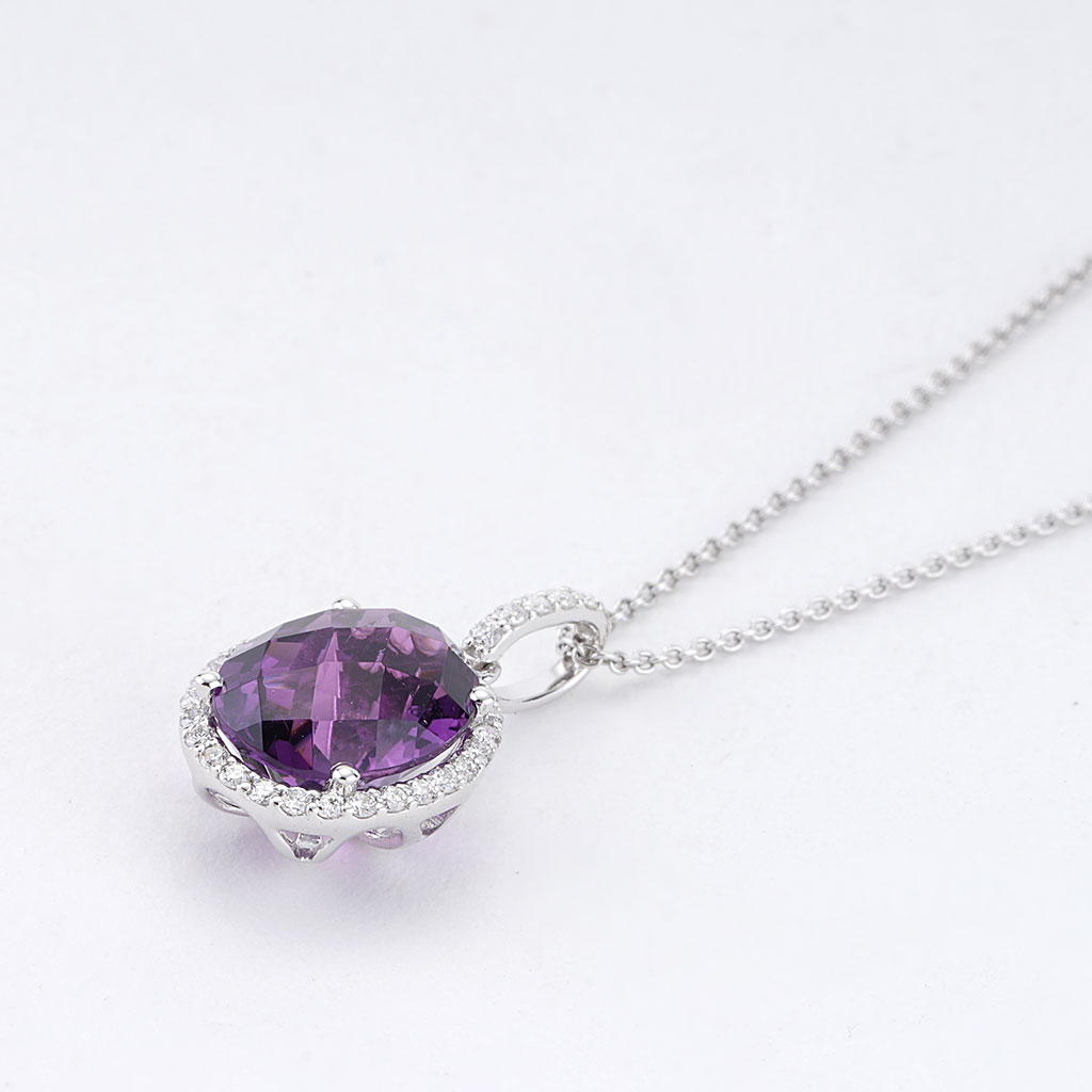 3.02ct Oval Checkerboard Amethyst Center Diamond Halo Pendant with ...