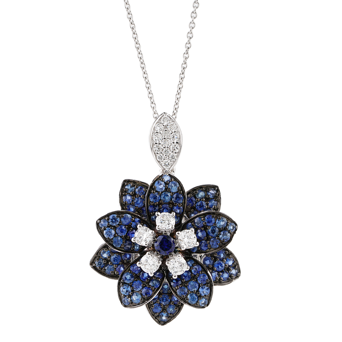 1.62 CTTW Pave Diamond and Sapphire Flower Motif Pendant in White Gold