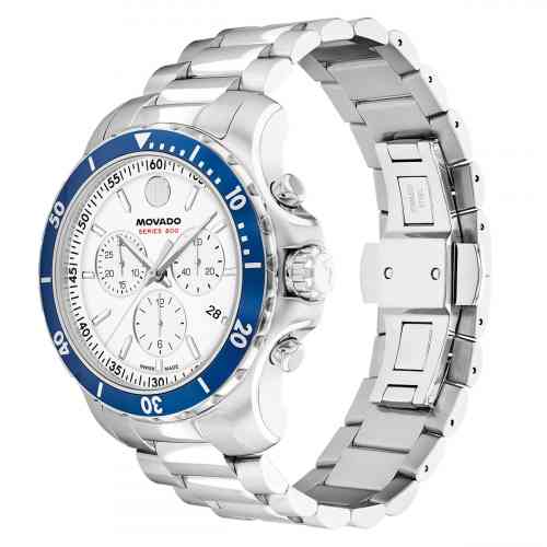 Movado Series 800 Chronograph White Dial Blue Bezel Steel Band