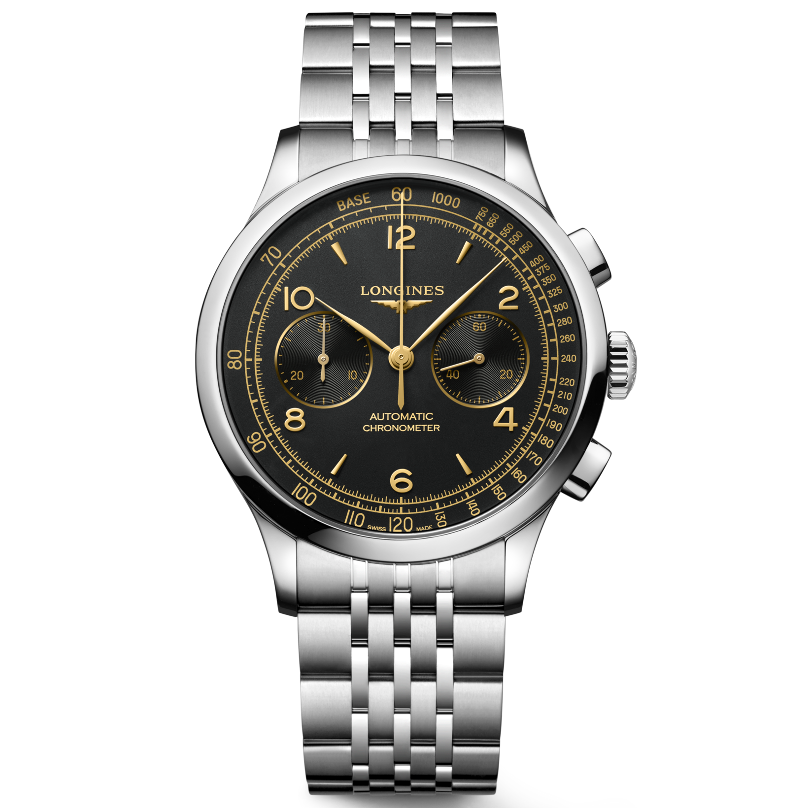 Longines Record Black Gold Chronograph Stainless Steel Band New 