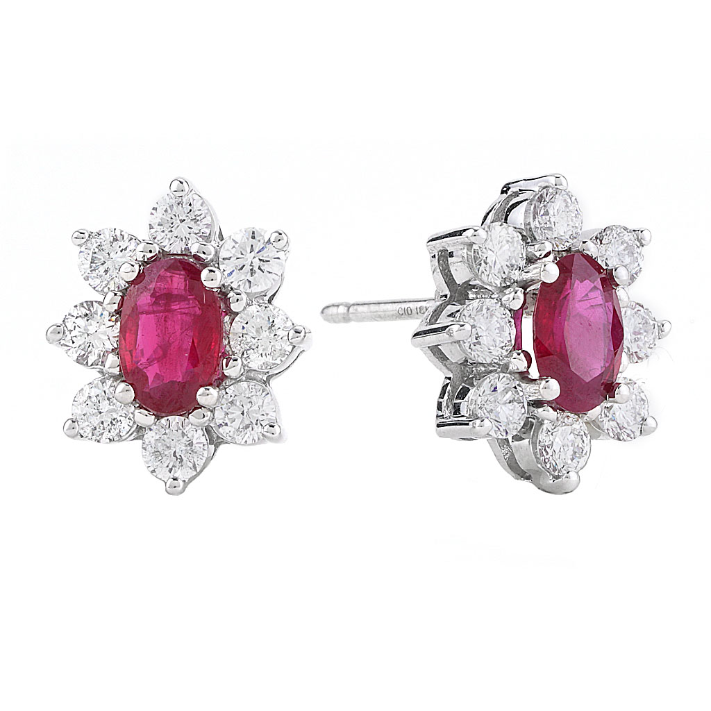 2.70 CTTW Ruby and Diamond Halo Stud Earrings in White Gold | New York ...
