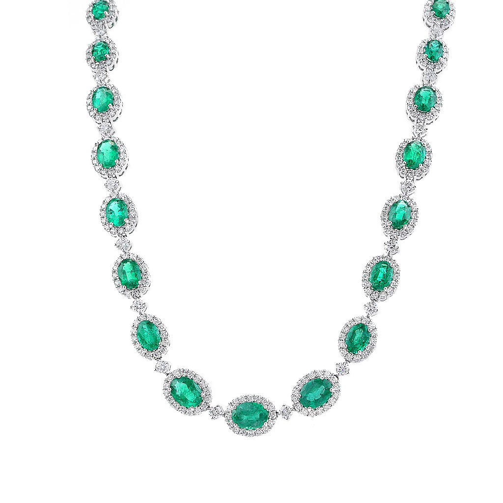 Green Emerald and Diamond Drop Necklace in 14K White Gold - RubyandGems.com