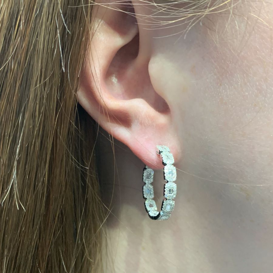 Fancy Insideoutside Baguette Diamonds In Cushion Halo Hoop Earrings New York Jewelers Chicago 