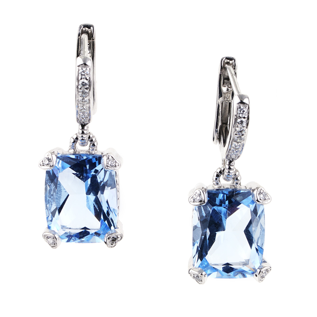 Judith Ripka Blue Quartz and Diamond Drop Dangle Earrings 18K White Gold