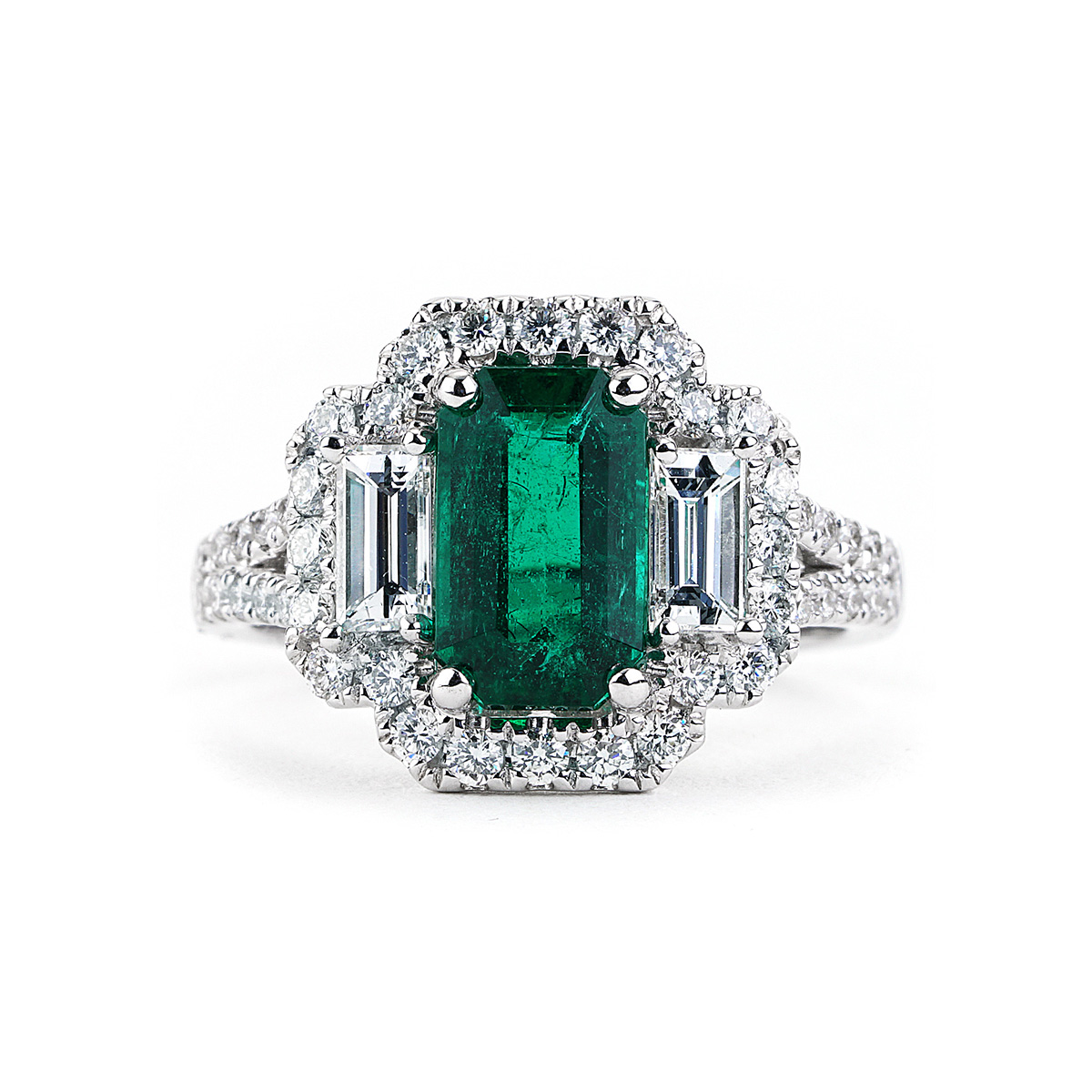 3.05 CTTW GRS Certified Emerald and Diamond Halo Ring in White