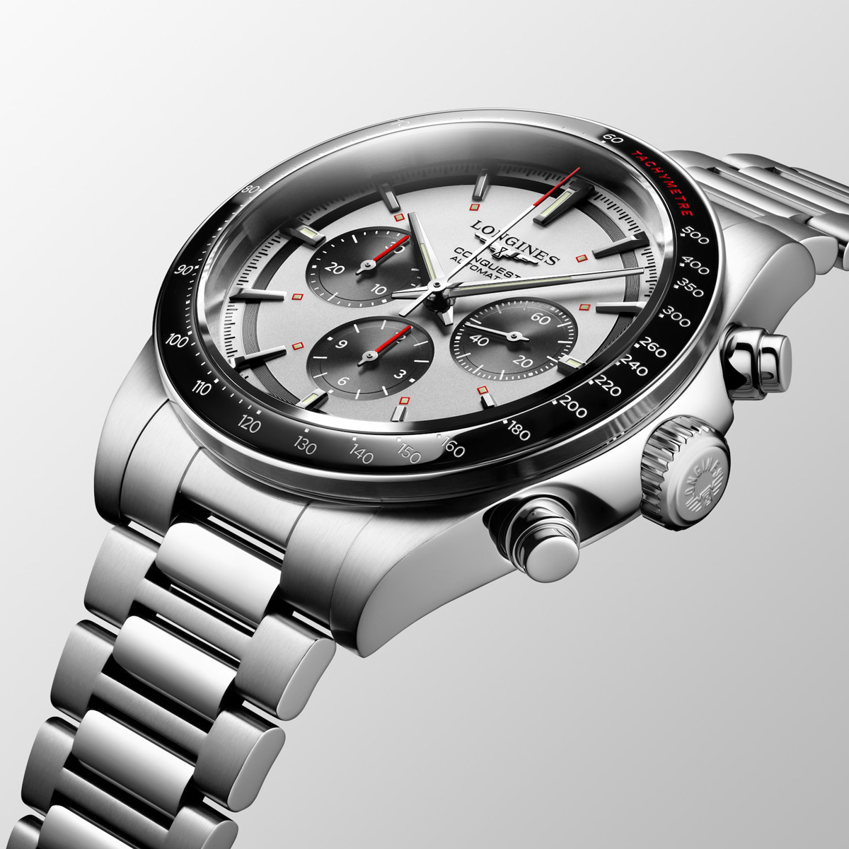 Longines Conquest Chronograph Silver Black Dial Stainless Band