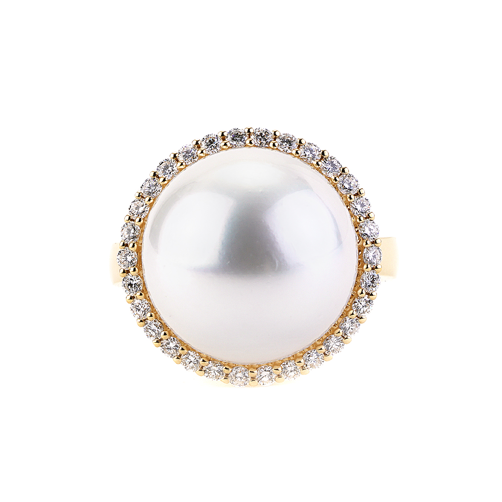 South Sea Pearl and Ballerina Diamond Halo Ring in Yellow Gold New York Jewelers Chicago