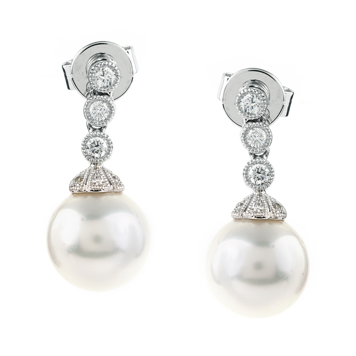 9.5 MM Pearl and Diamond Drop Earrings in White Gold | New