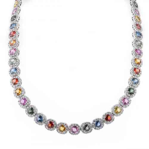 37.58 CTTW Multicolor Sapphire and Diamond Halo Necklace in