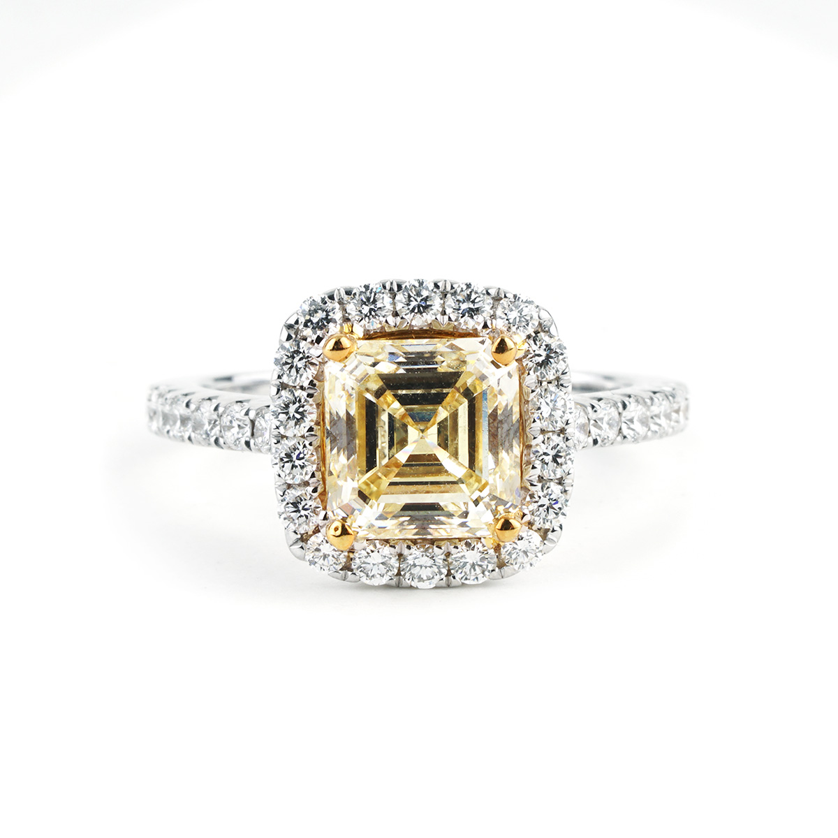 CTTW Asscher Cut Faint Yellow Diamond and Halo Ring in White