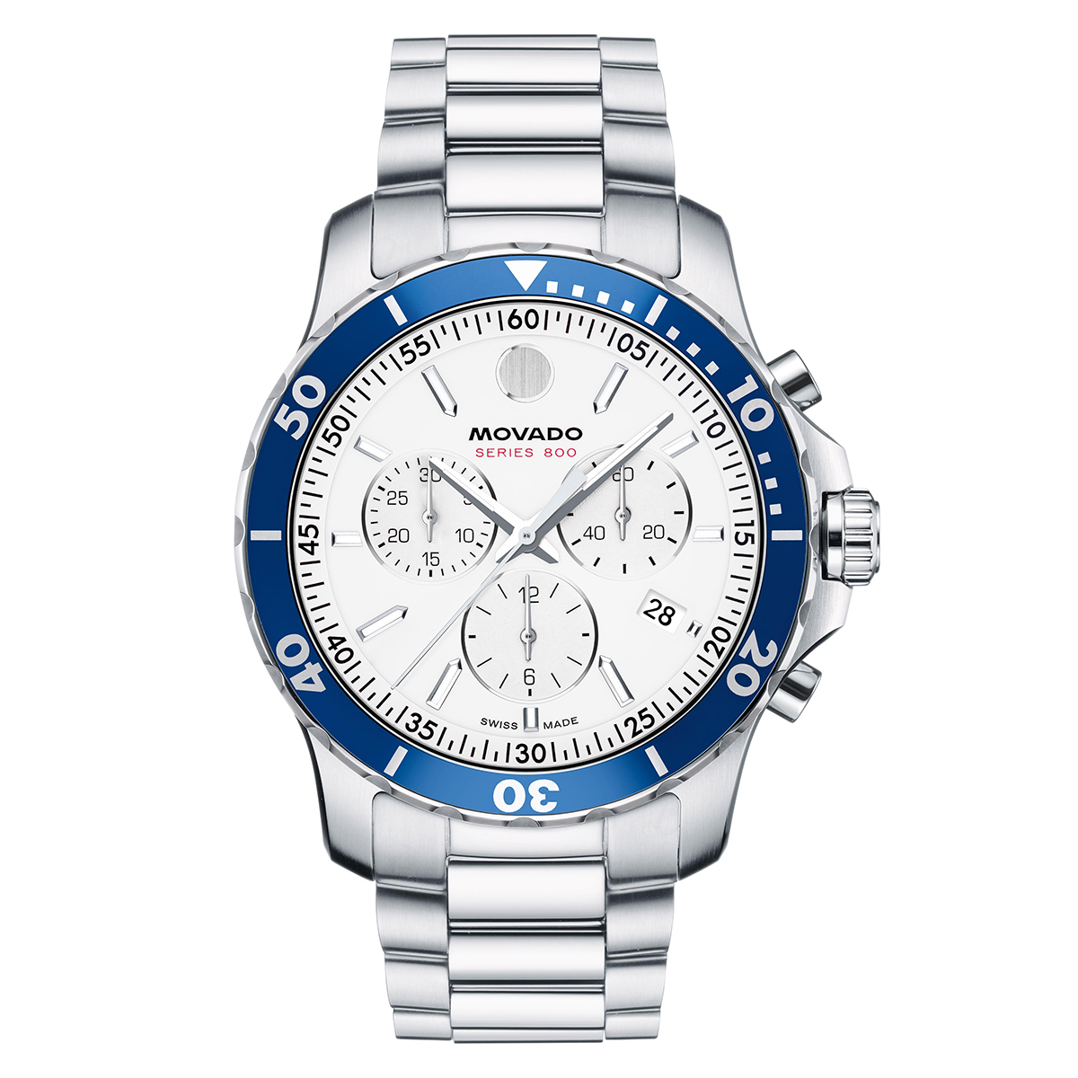 Movado Series 800 Chronograph White Dial Blue Bezel Steel Band