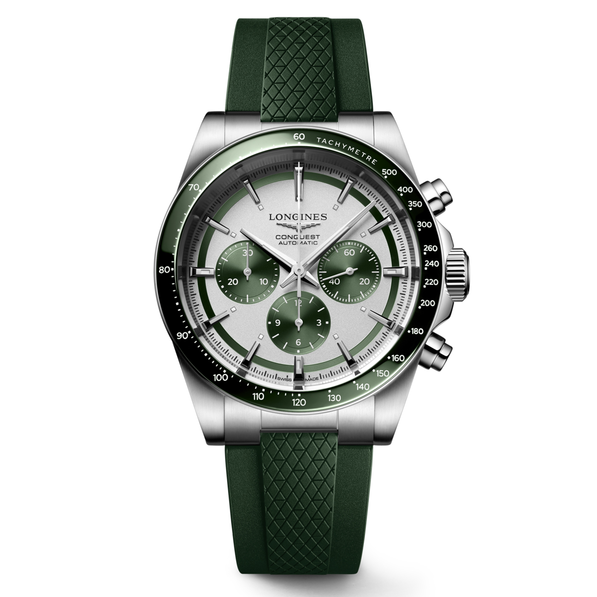 Longines Conquest Chronograph Silver & Green Dial Rubber Strap | New York  Jewelers Chicago