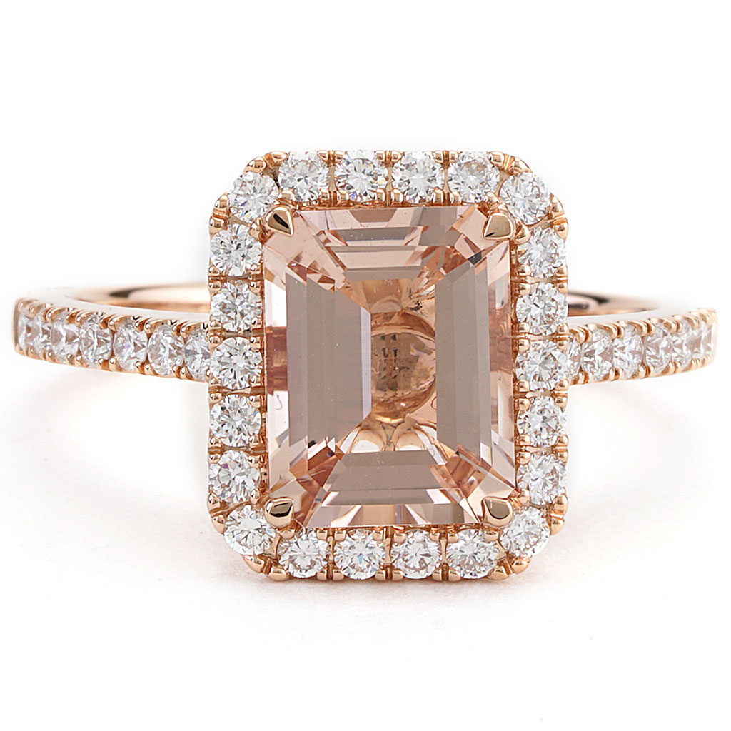 1.88 CT Emerald Cut Morganite Ring with Double Diamond Halo in Rose ...