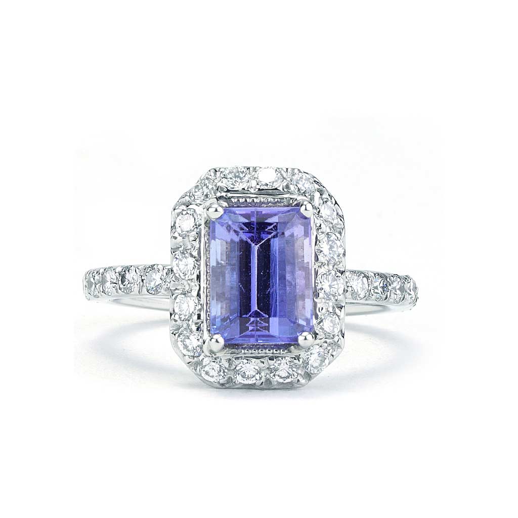 Emerald Cut Tanzanite and Diamond Halo Ring in White Gold | New York ...