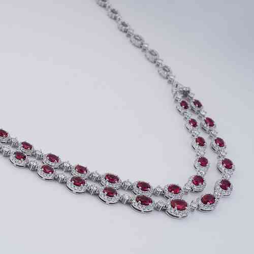 3.13 ct Center Vivid Red Oval Ruby and Double Halo Necklace in White Gold